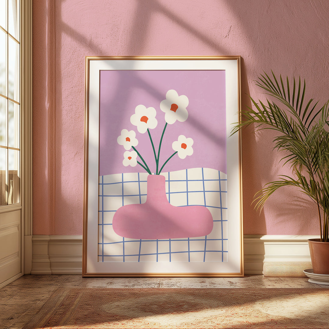 Pink Abstract Daisies Print,gallery,timber border