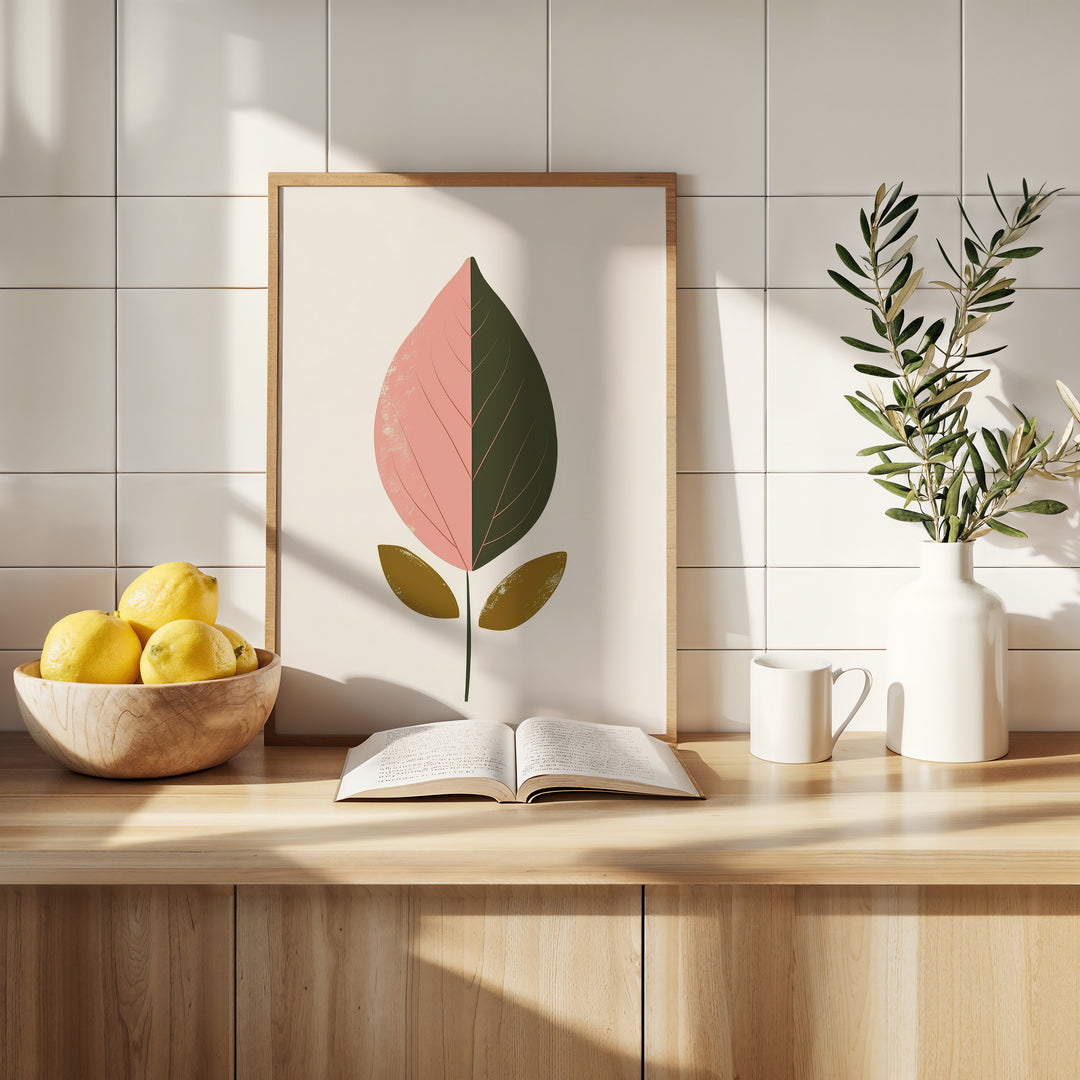 Pink Abstract Leaf Wall Print,kitchen,timber border