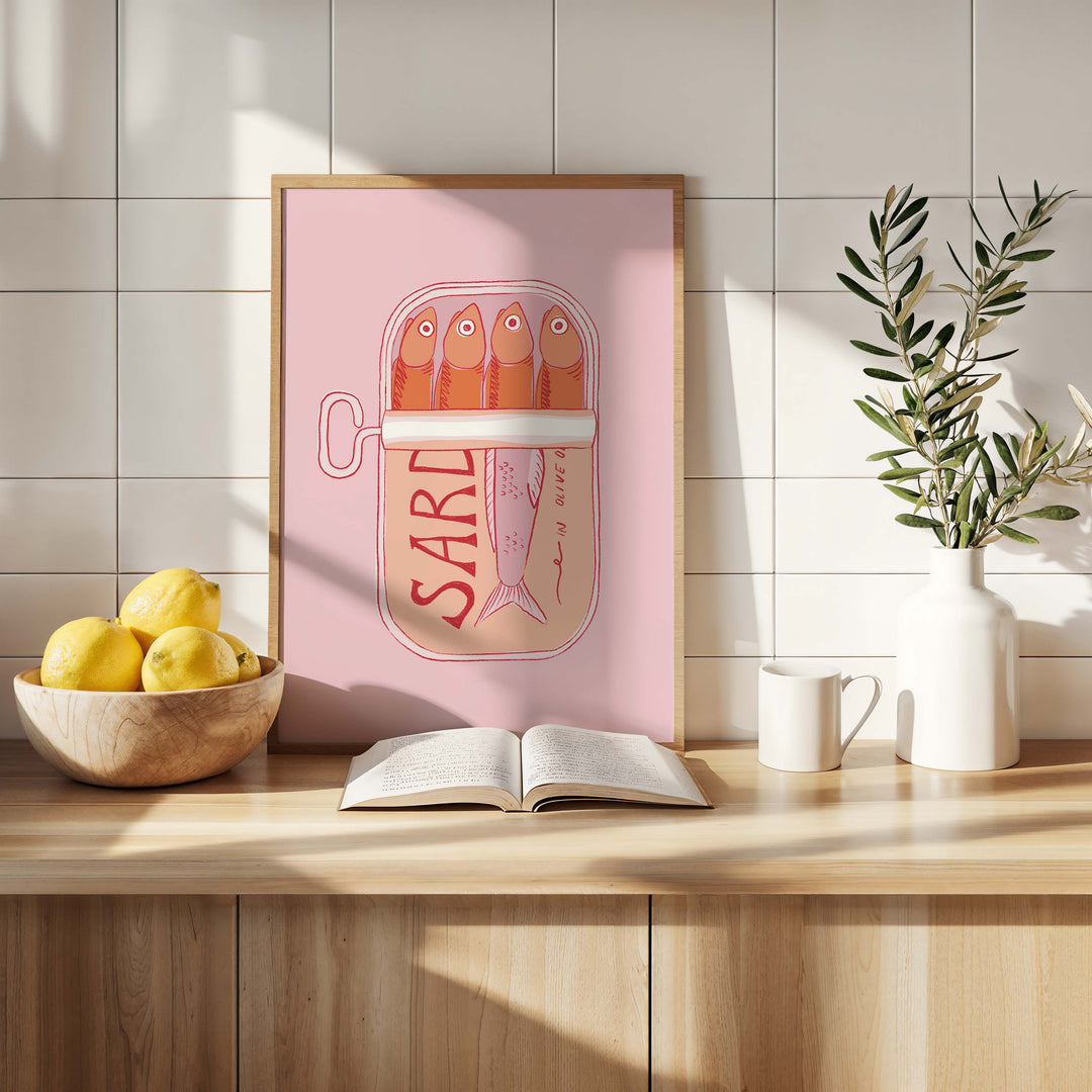 Pink Sardines Wall Art Print by Lucia Sankovic,kitchen,timber border