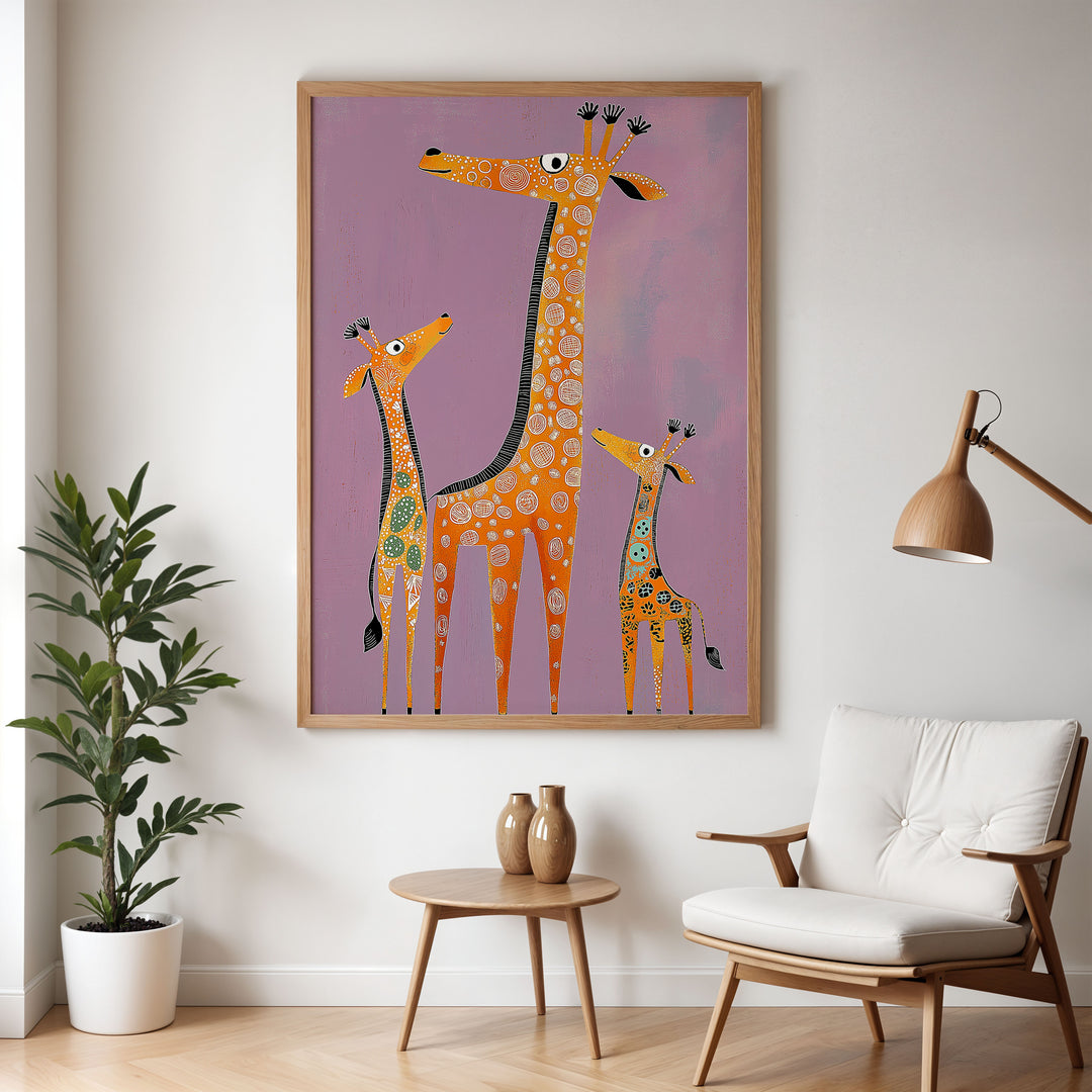 Gentle Giraffes Kids Art Print,livingroom,timber border