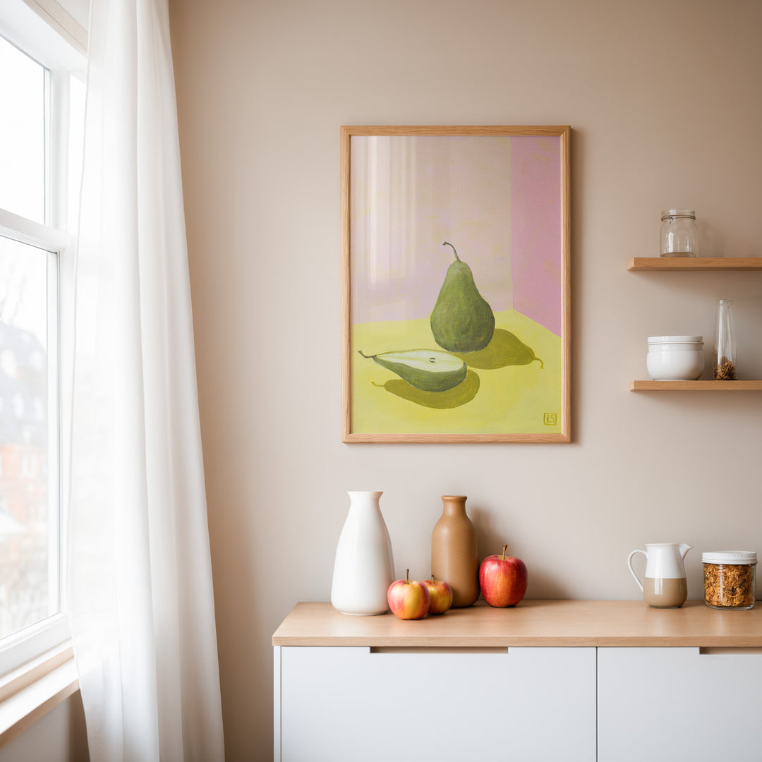 Hand Painted Pear Sunrise by Lucia Sankovic,diningroom,kitchen,timber border