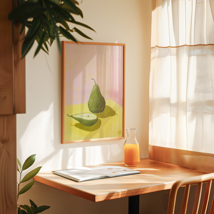 Hand Painted Pear Sunrise by Lucia Sankovic,diningroom,kitchen,timber border