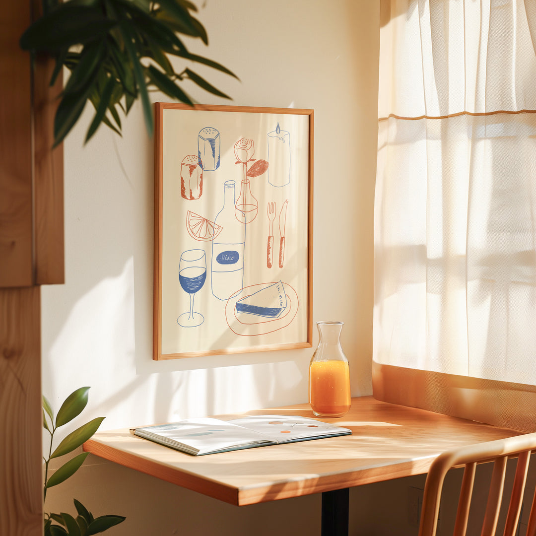 Table Kitchen Illustration by Lucia Sankovic,dining room,timber border