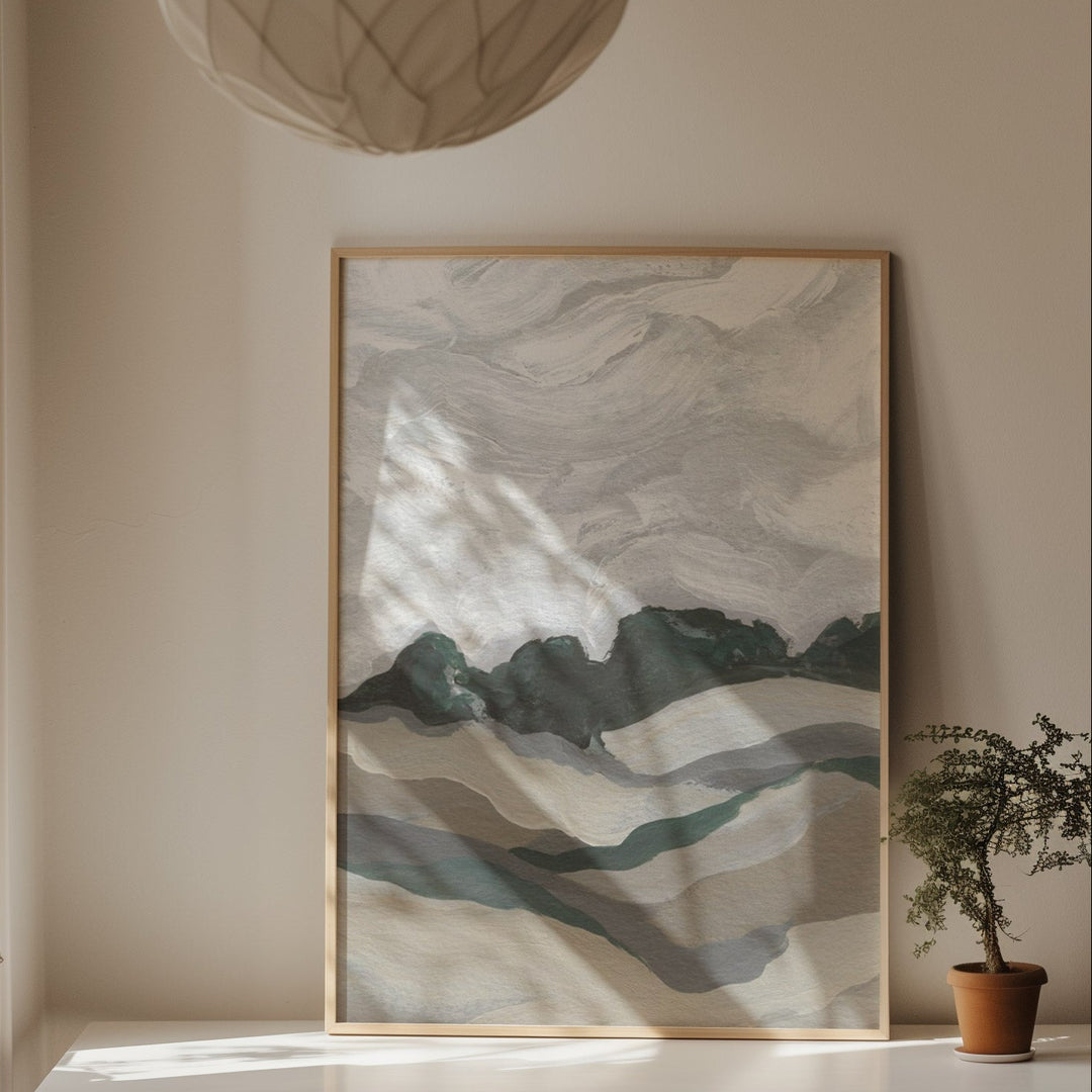Woman standing by a window in a room with a large abstract painting on the wall.