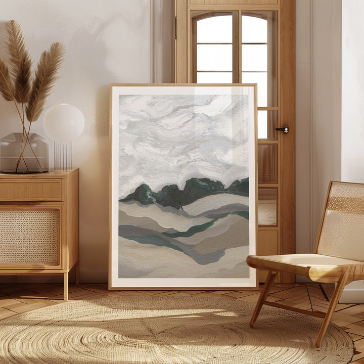 Abstract art piece in a modern interior setting with a chair and side table.