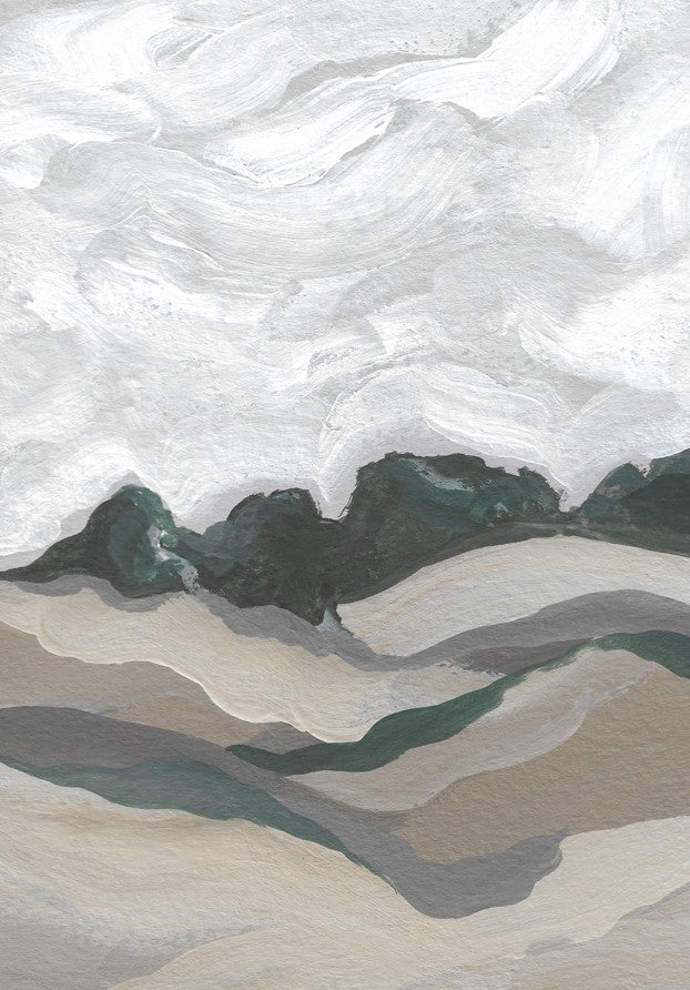 Abstract art with wavy patterns in white, green, and beige. frame