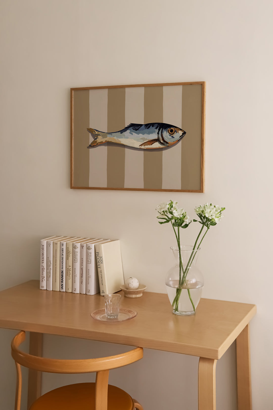 Beige Fish Lunch Artwork,livingroom,gallery wall,study,timber border