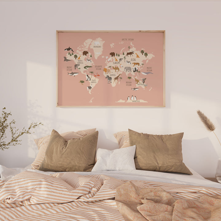 World Map of Animals Pink,bedroom,timber border