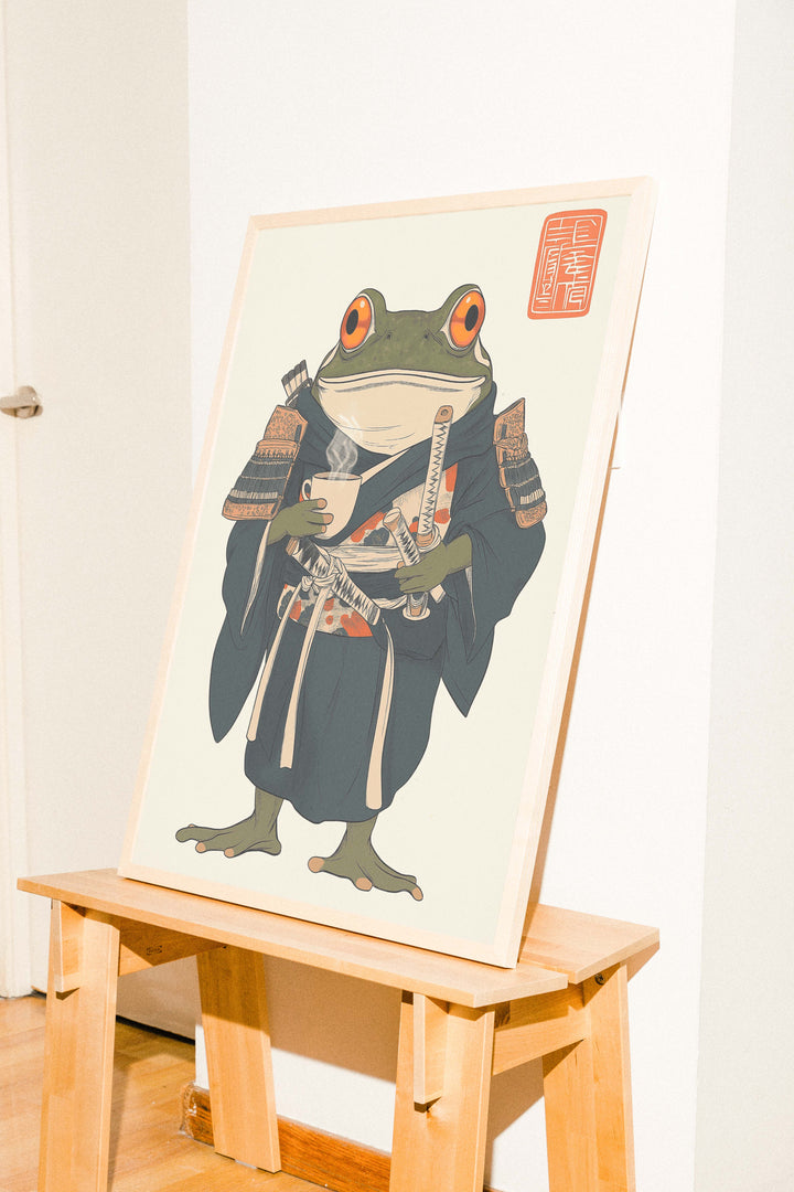 Japanese Frog Samurai Coffee Break Vintage Print,living room,white border