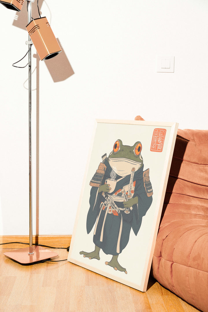 Japanese Frog Samurai Coffee Break Vintage Print,living room,white border