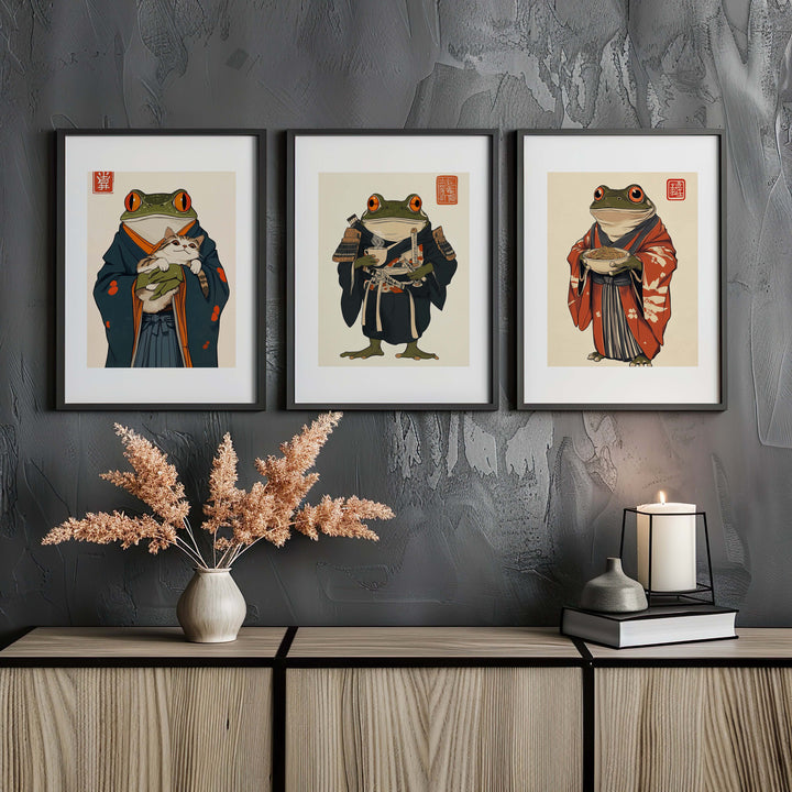 Japanese Samurai Frog Trio Wall Art,gallery wall,black border