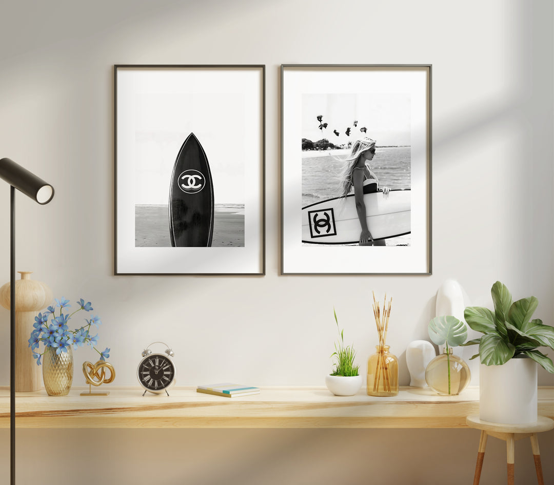 Set of 2 Chanel Poster Beach Photograph Wall Art,gallery wall,black border