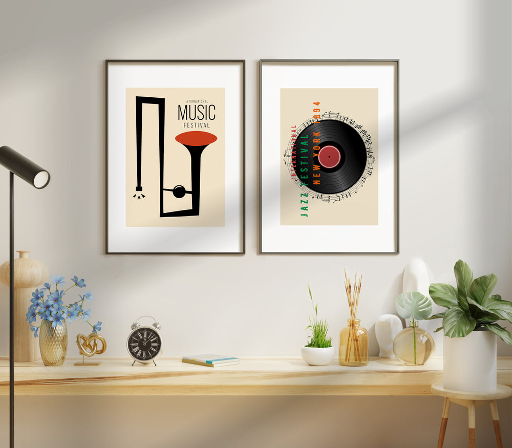 Jazz Festival Set of 2 Vintage Prints,living room,black border