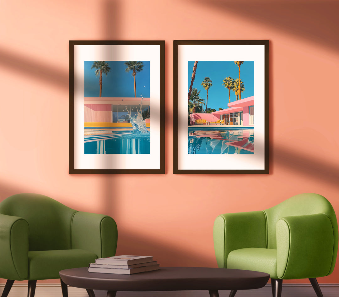 Retro Palm Springs House Illustration Set of 2,livingroom,black border