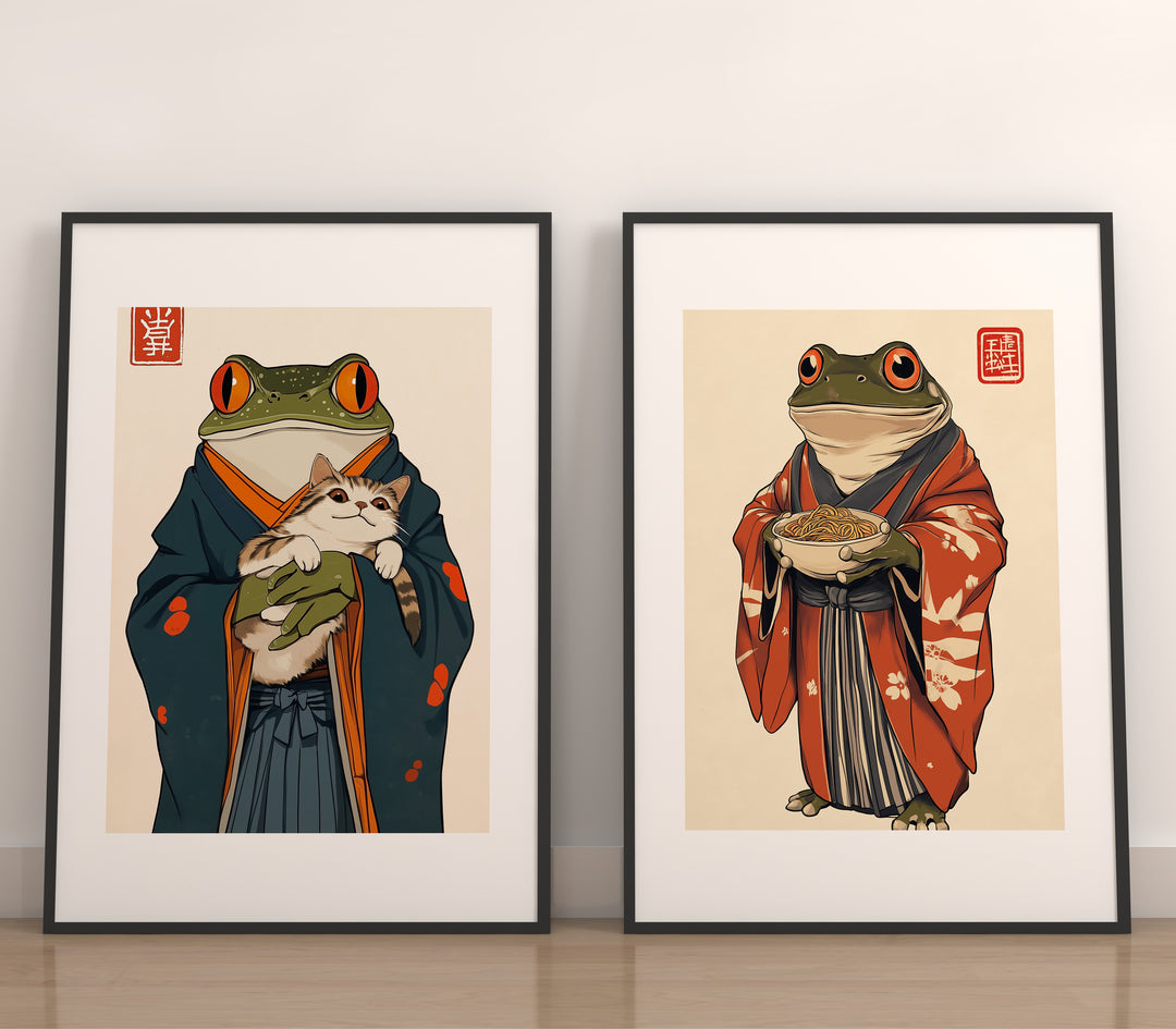 Japanese Samurai Frog Duo Pair,gallery wall,timber border