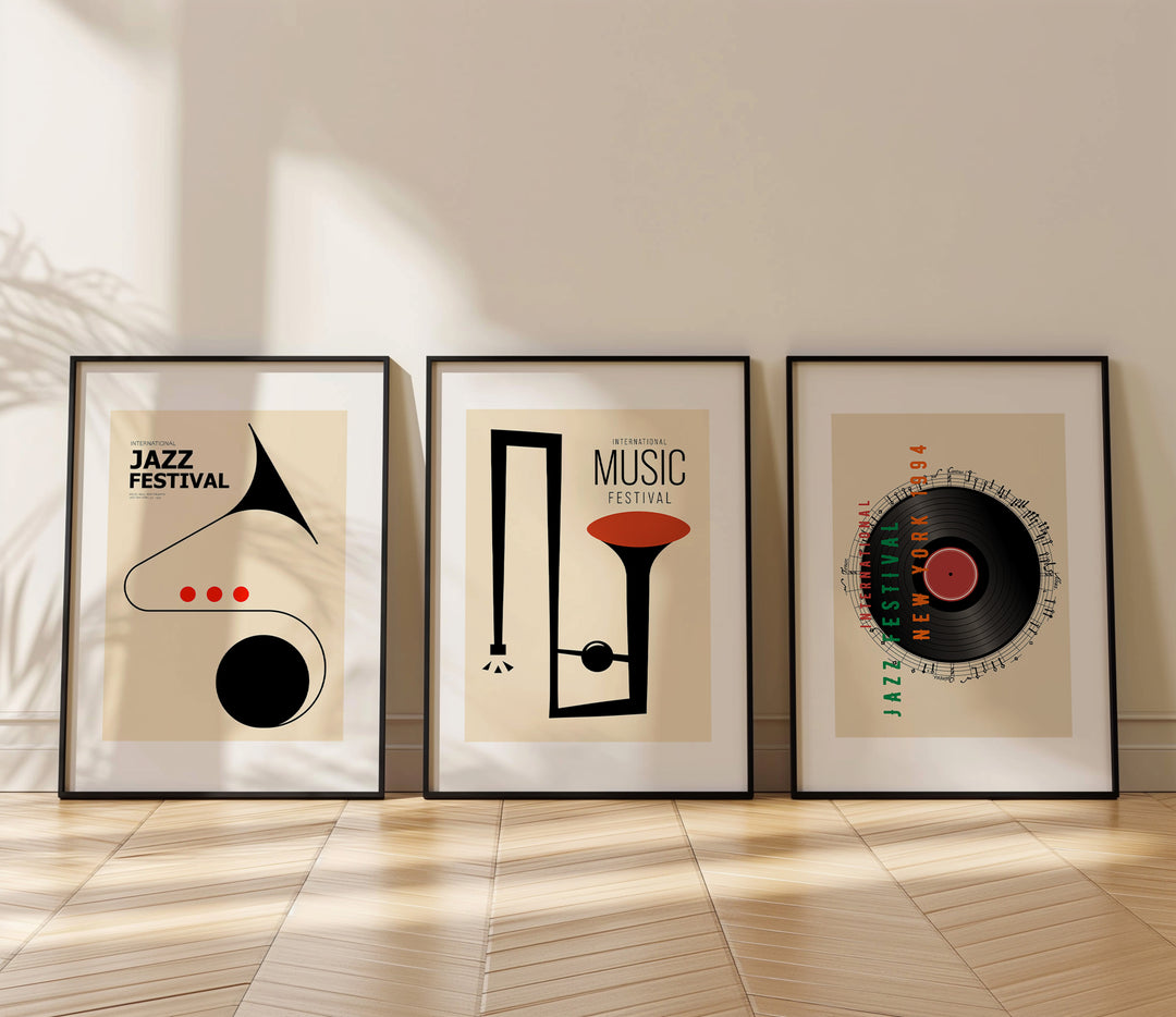 Jazz Vintage Festival Trio Music Prints,living room,black border