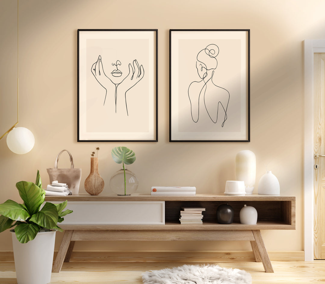 Line Art Woman Portrait Pair,living room,black border