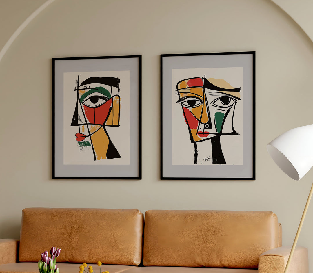 Geometric Portraits Pair Wall Art,livingrom, black border