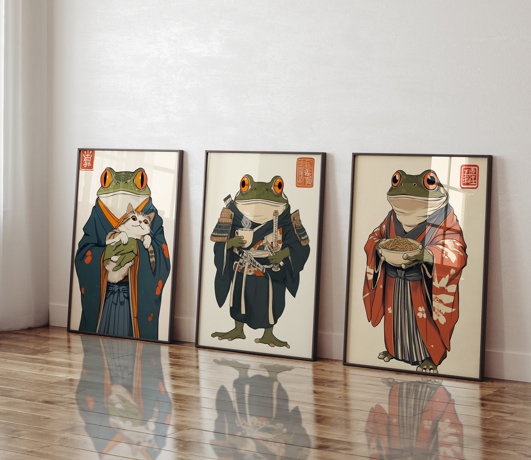 Japanese Samurai Frog Trio Wall Art,gallery wall,black border