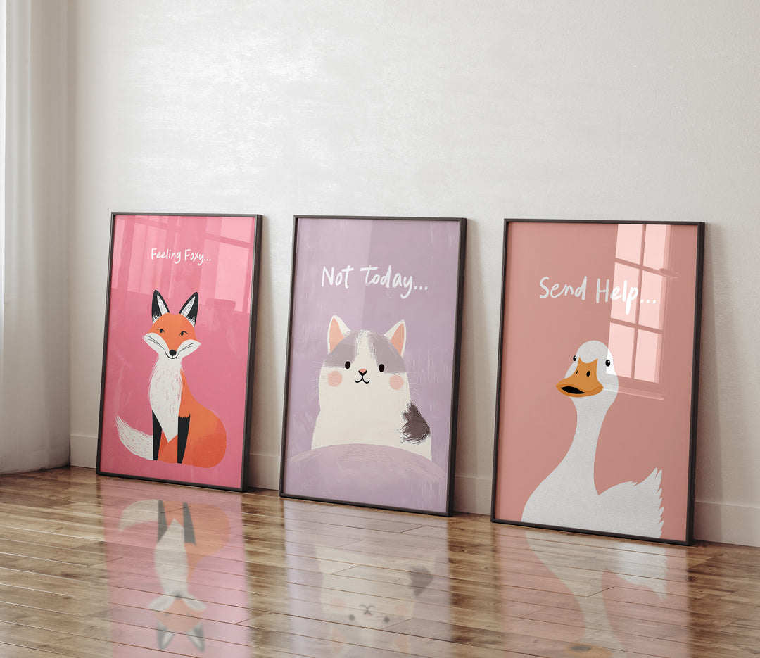 Trio Wall Art Cute Animal Quote Prints.gallery wall,black border