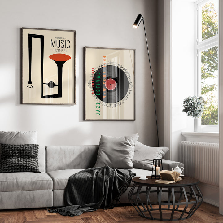 Jazz Festival Set of 2 Vintage Prints,living room,black border