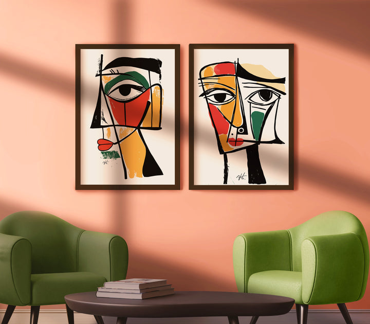 Geometric Portraits Pair Wall Art,livingrom, black border