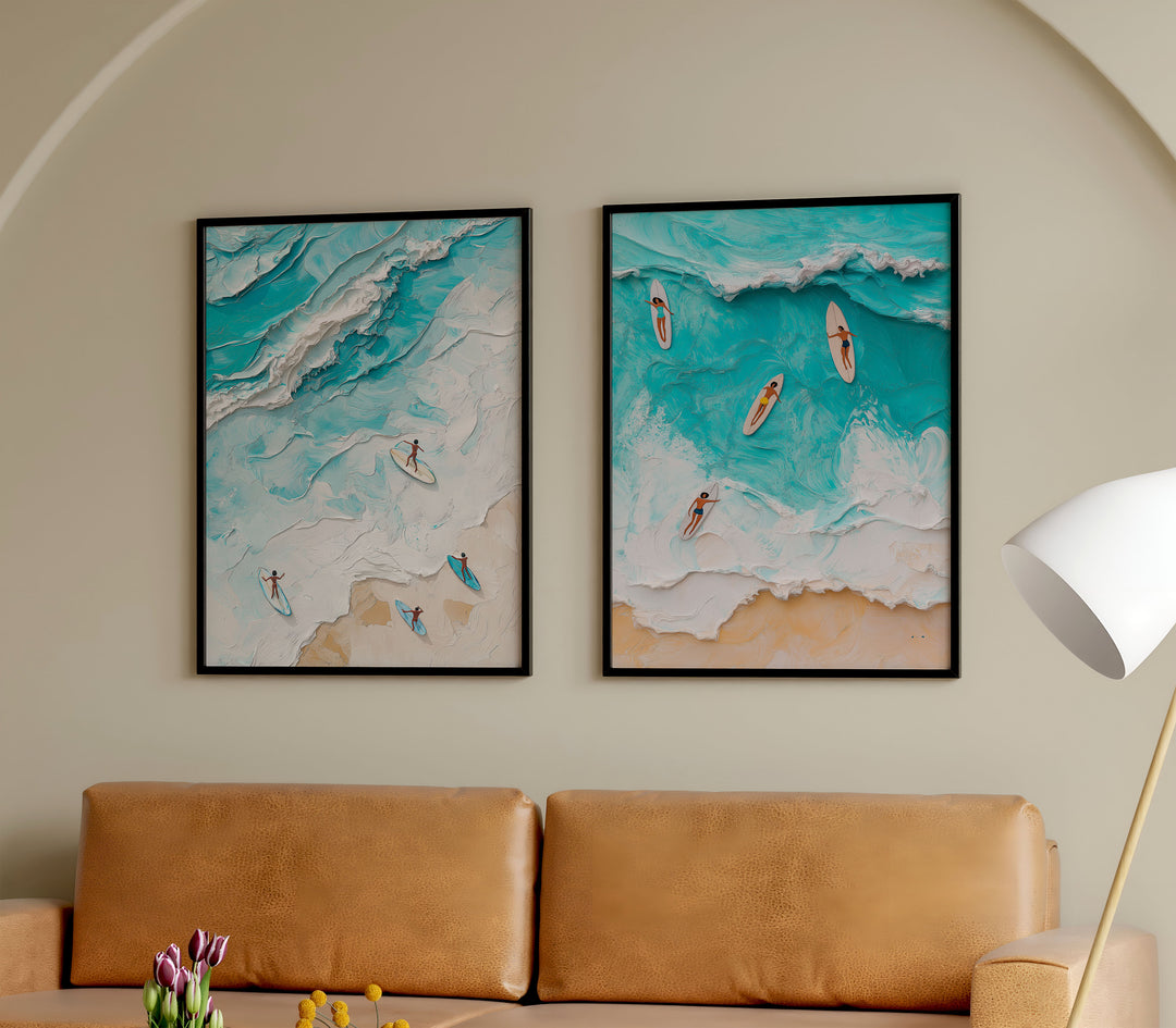 Surf Beach Painting Illustration Set of 2,living room,black border