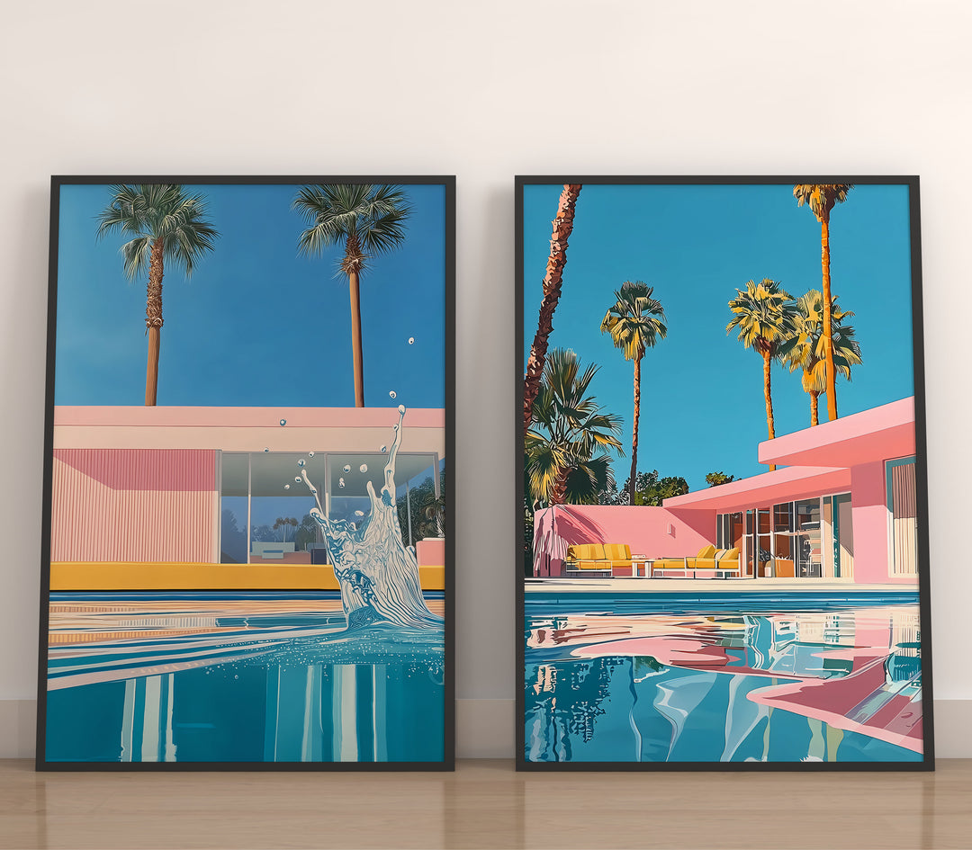 Retro Palm Springs House Illustration Set of 2,livingroom,black border