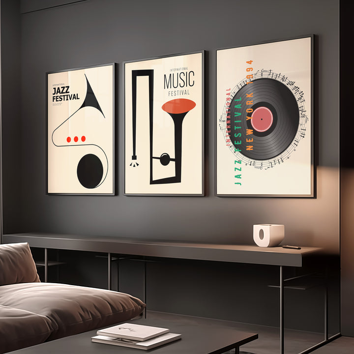 Jazz Vintage Festival Trio Music Prints,living room,black border