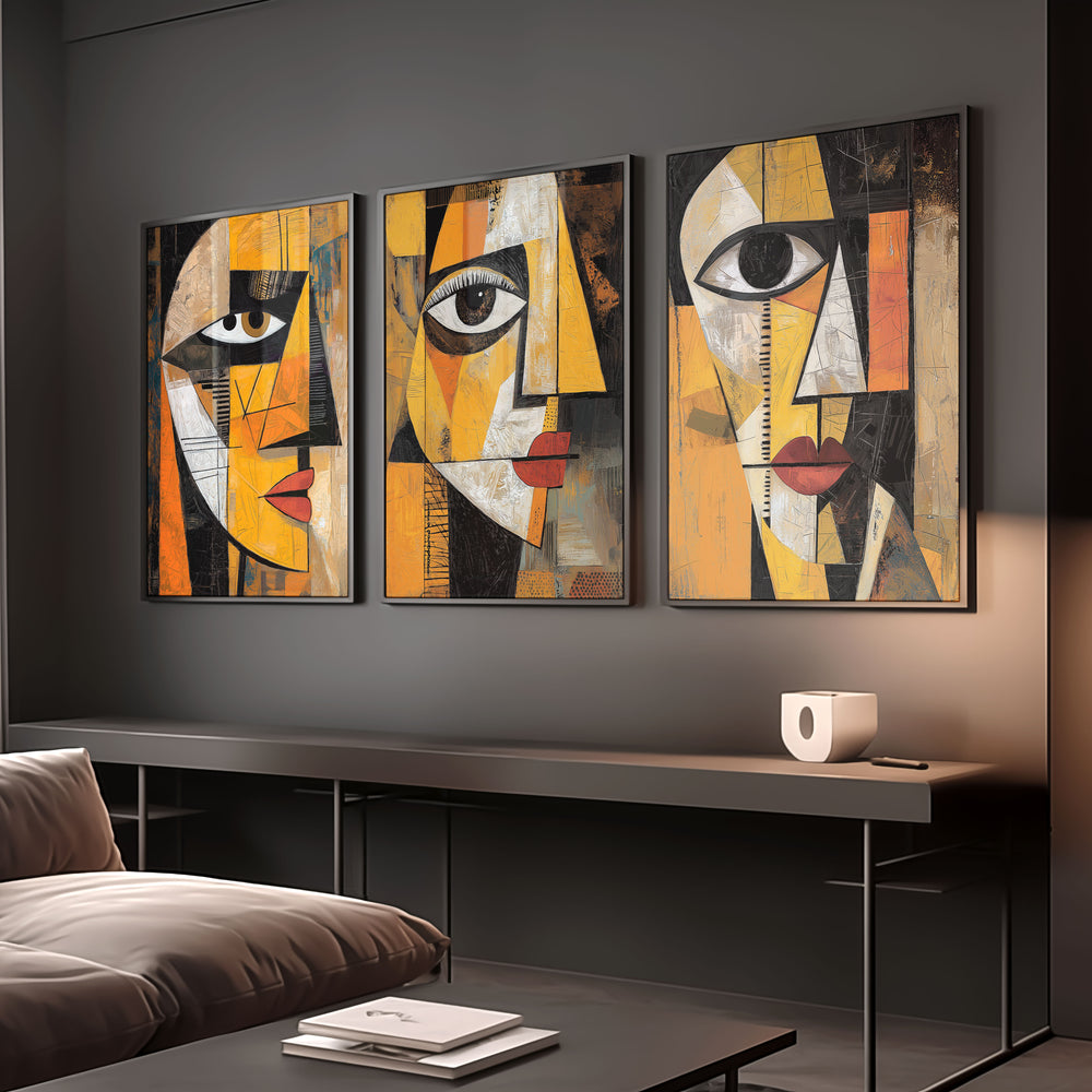 Fragments of Expression Cubism Trio Wall Art,livingroom,timber border