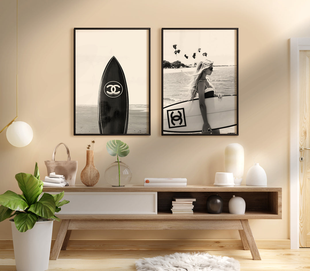 Set of 2 Chanel Poster Beach Photograph Wall Art,gallery wall,black border