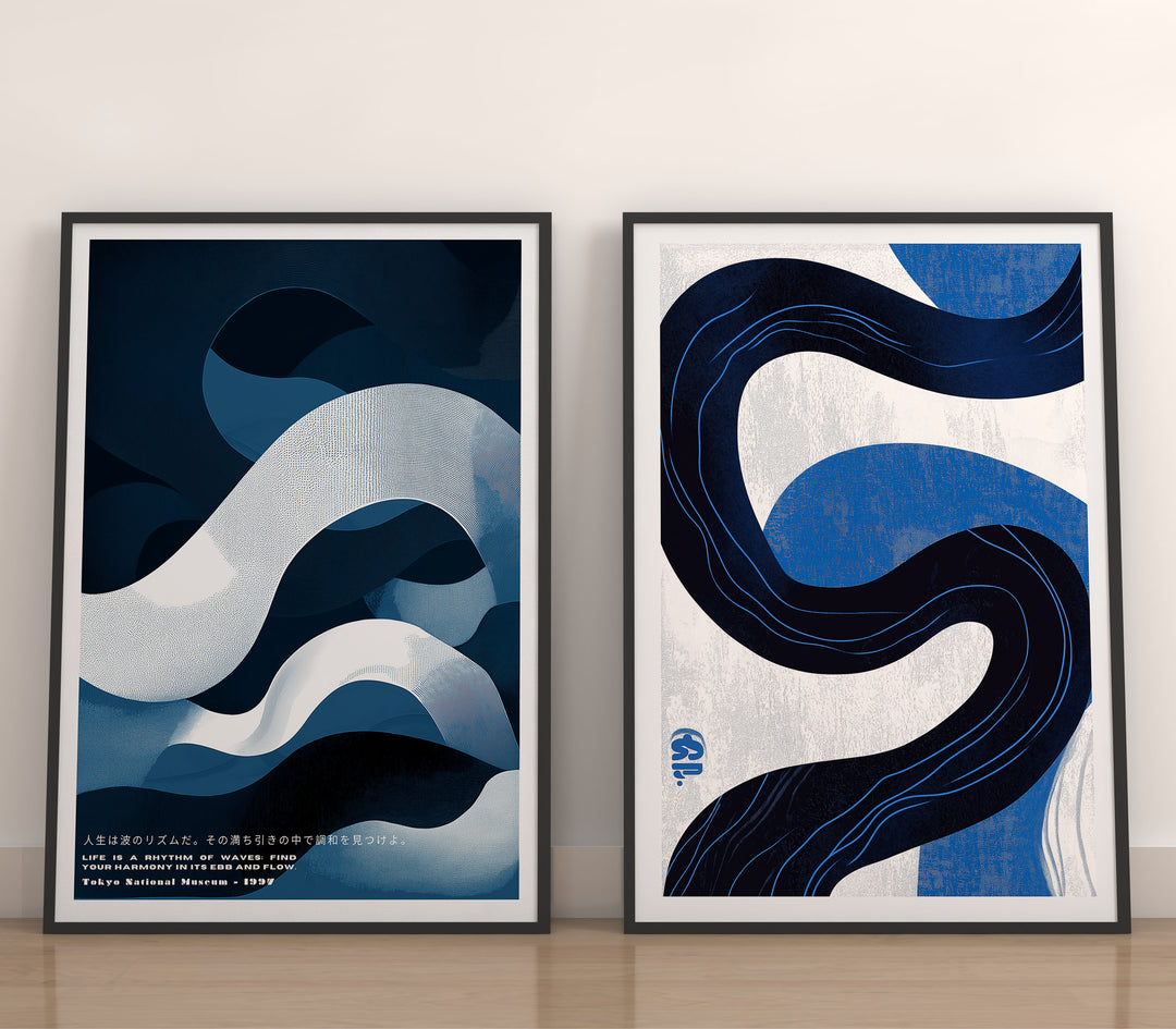 Japanese Blue Abstract Set of 2,living room,black border