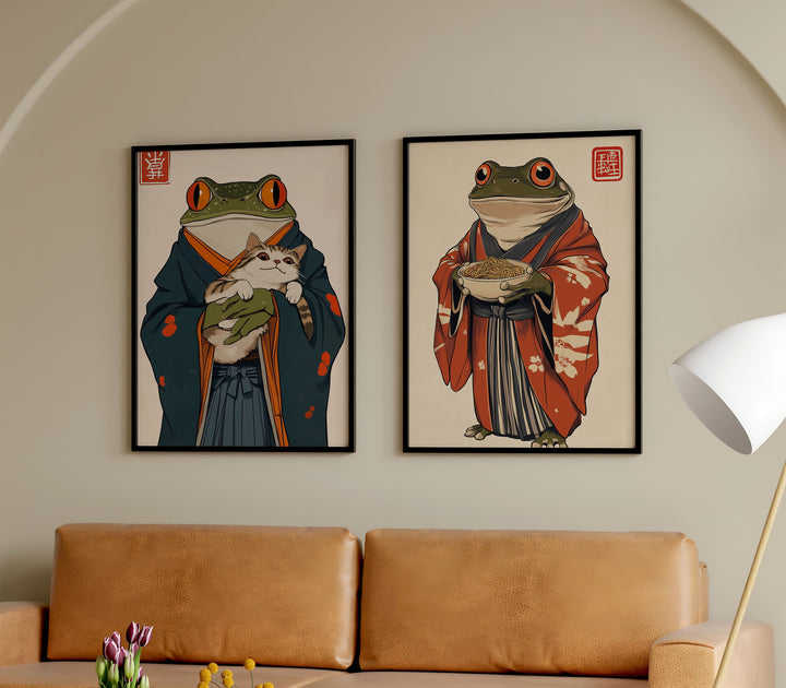 Japanese Samurai Frog Duo Pair,gallery wall,black border