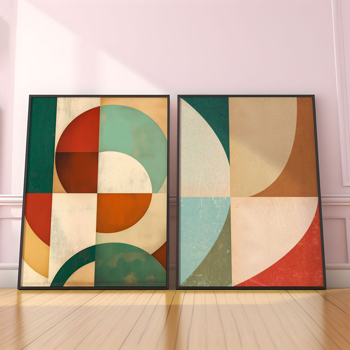 Geometric Series of Colours Abstract Set of 2,gallery wall,black border