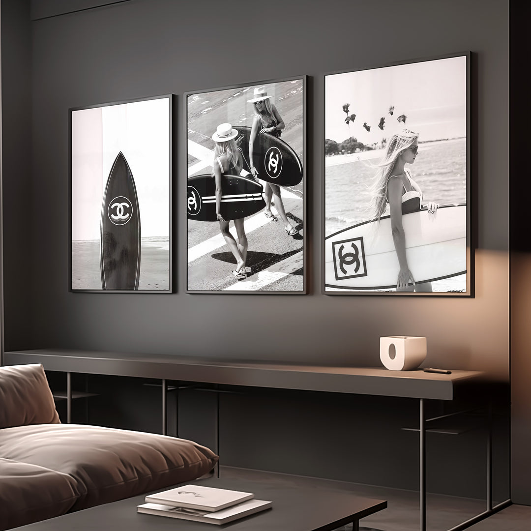 Set of 3 Chanel Surfer Girl Wall Art Photography,livingroom,black border