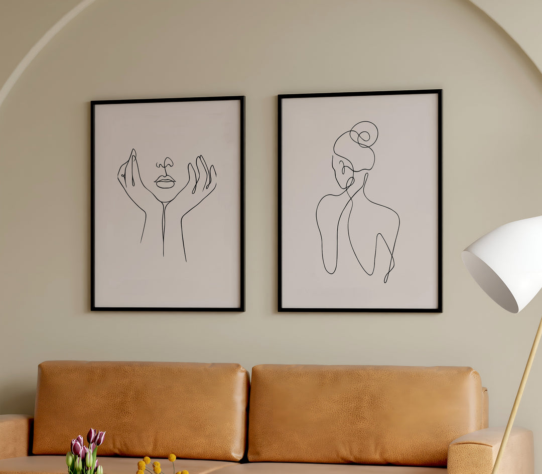 Line Art Woman Portrait Pair,living room,black border