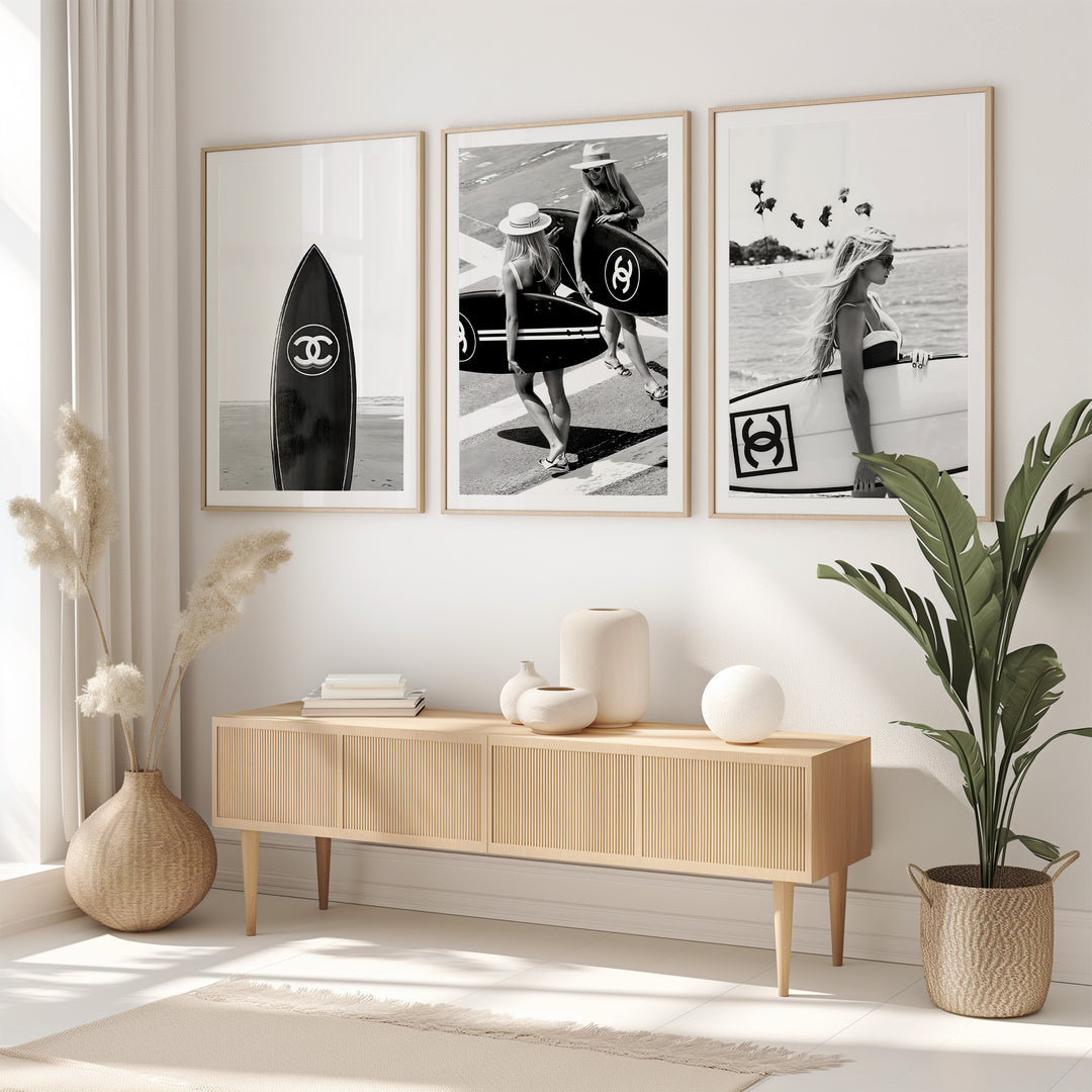 Set of 3 Chanel Surfer Girl Wall Art Photography,livingroom,timber border