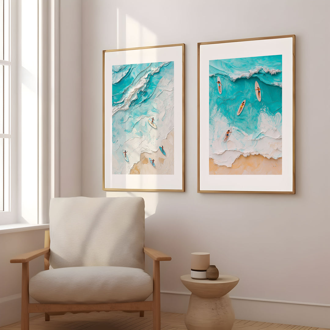 Surf Beach Painting Illustration Set of 2,living room,timber border