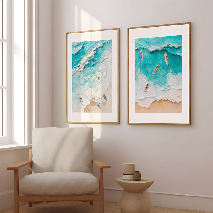 Surf Beach Painting Illustration Set of 2,living room,timber border