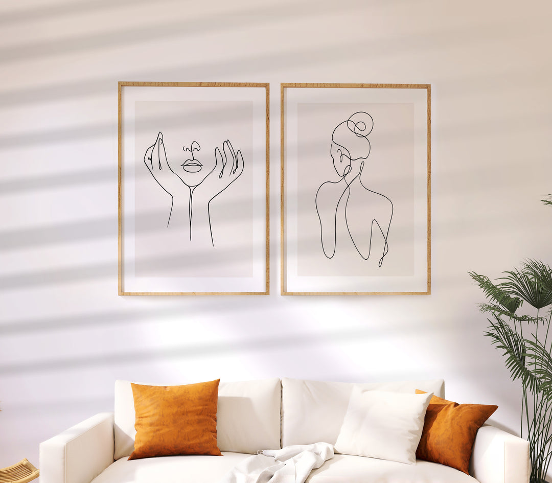 Line Art Woman Portrait Pair,living room,timber border