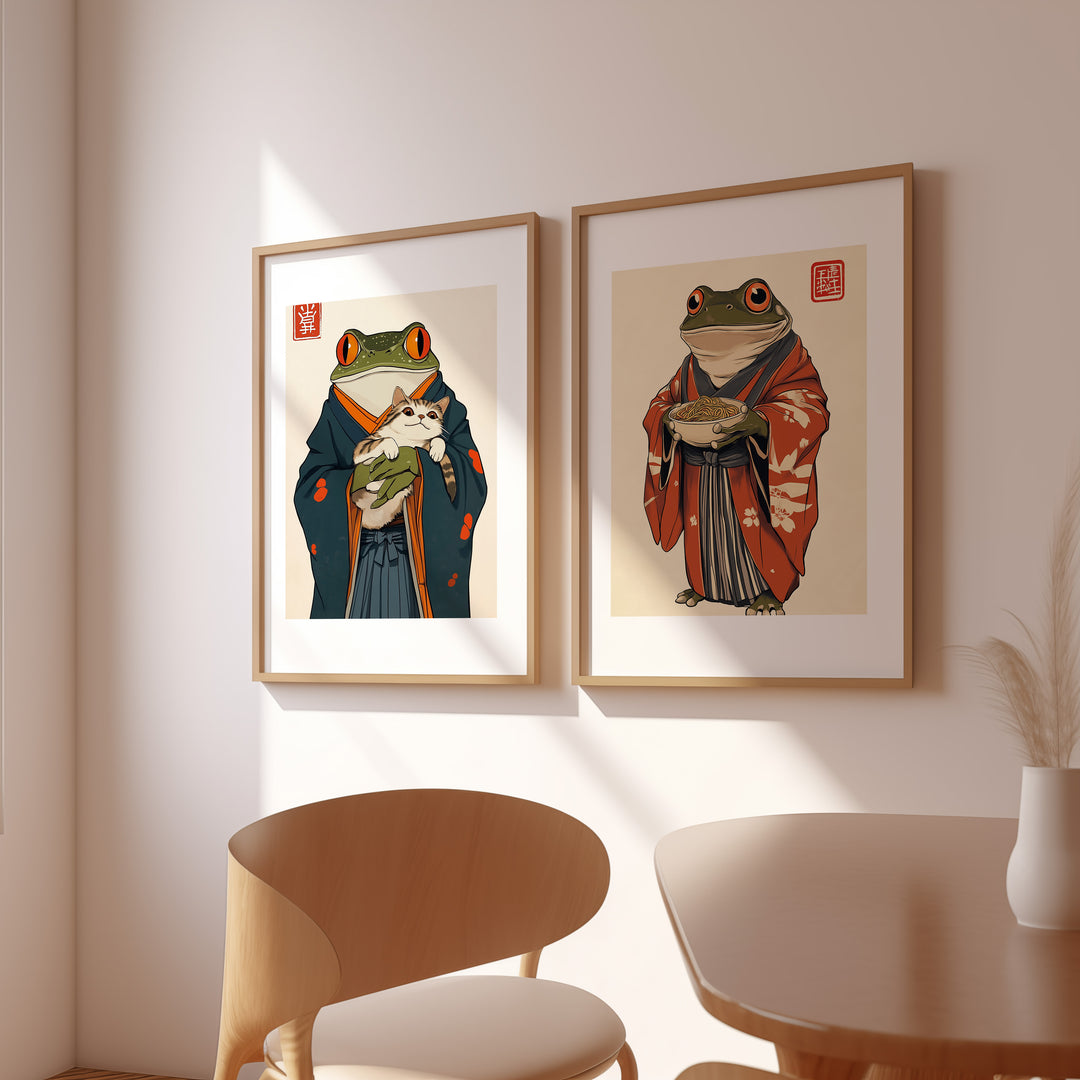 Japanese Samurai Frog Duo Pair,gallery wall,timber border