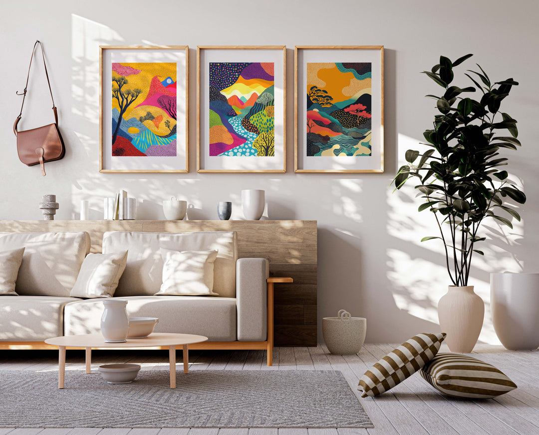 Japanese Abstract Pop Art Trio,living room,timber border