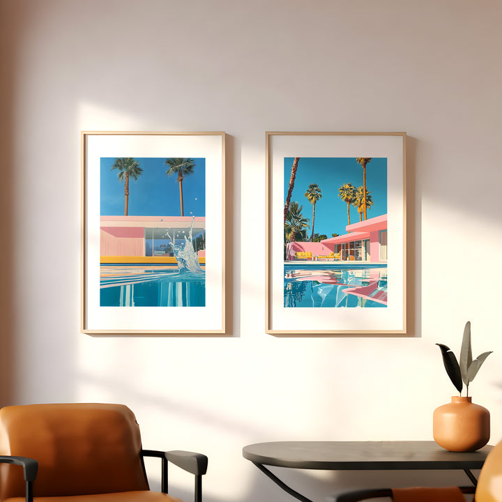 Retro Palm Springs House Illustration Set of 2,livingroom,timber  border