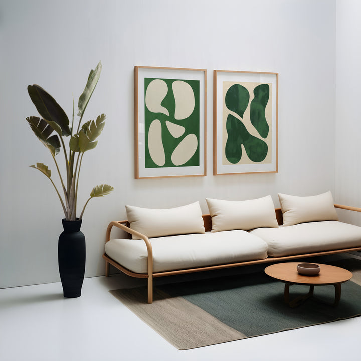 Moss Sage Abstract Gallery Pair,living room,timber border