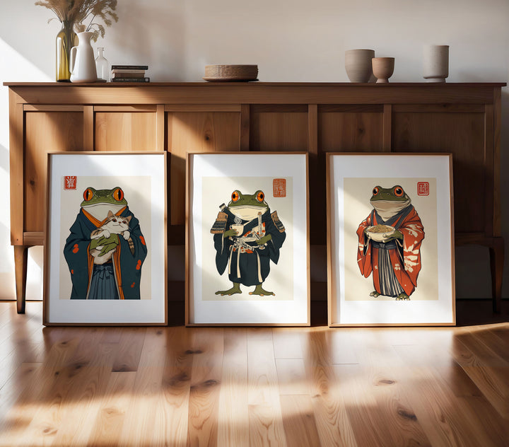 Japanese Samurai Frog Trio Wall Art,gallery wall,timber border