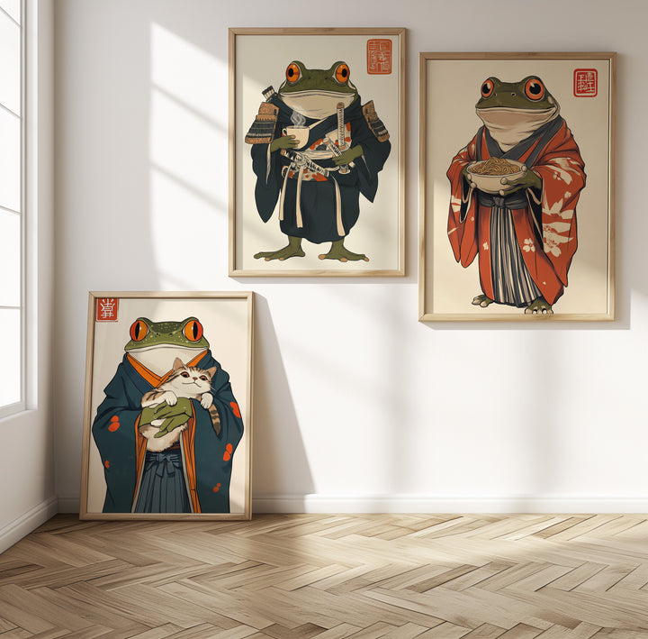 Japanese Samurai Frog Trio Wall Art,gallery wall,timber border