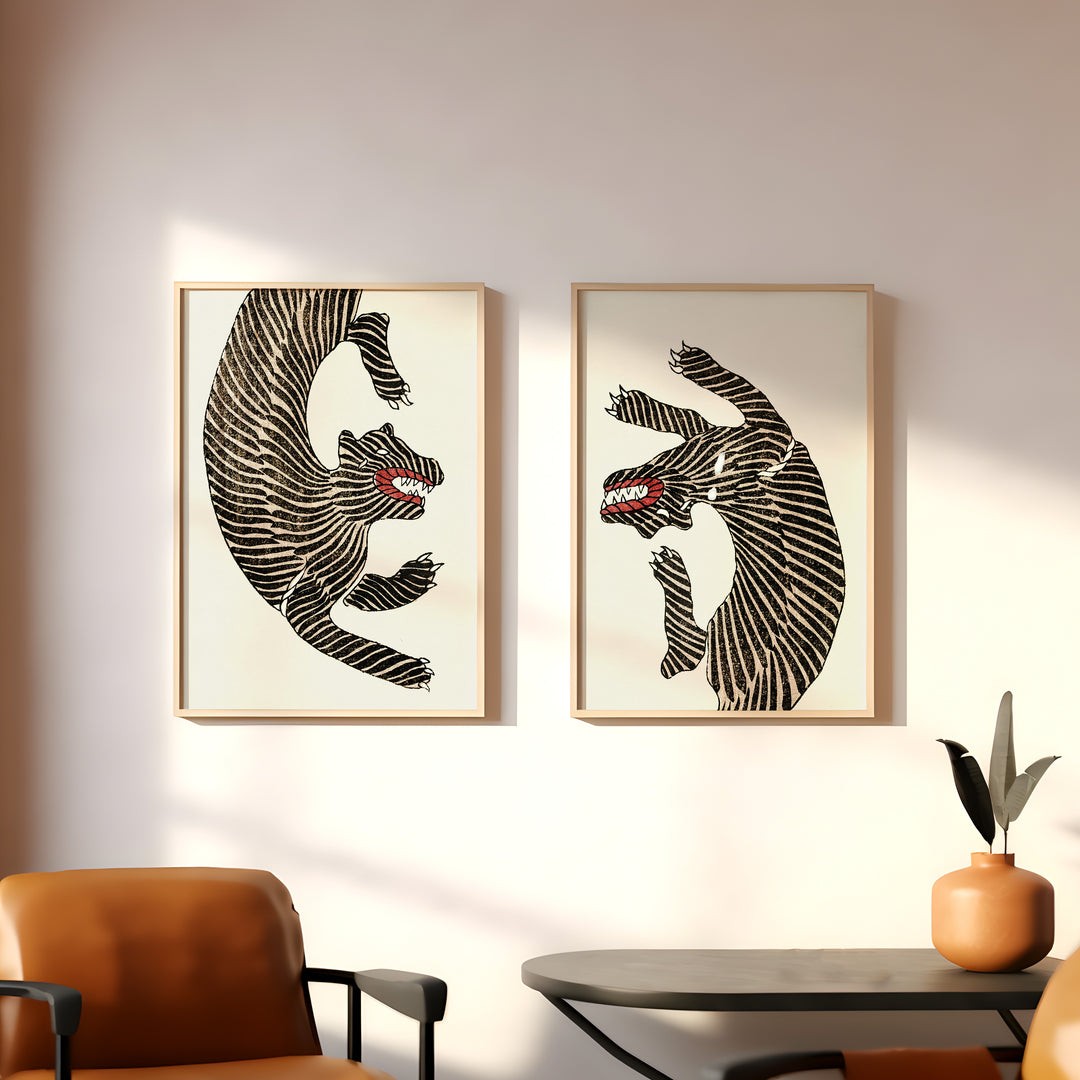 Japanese Tigers Pair,livining room,gallery wall,timber border