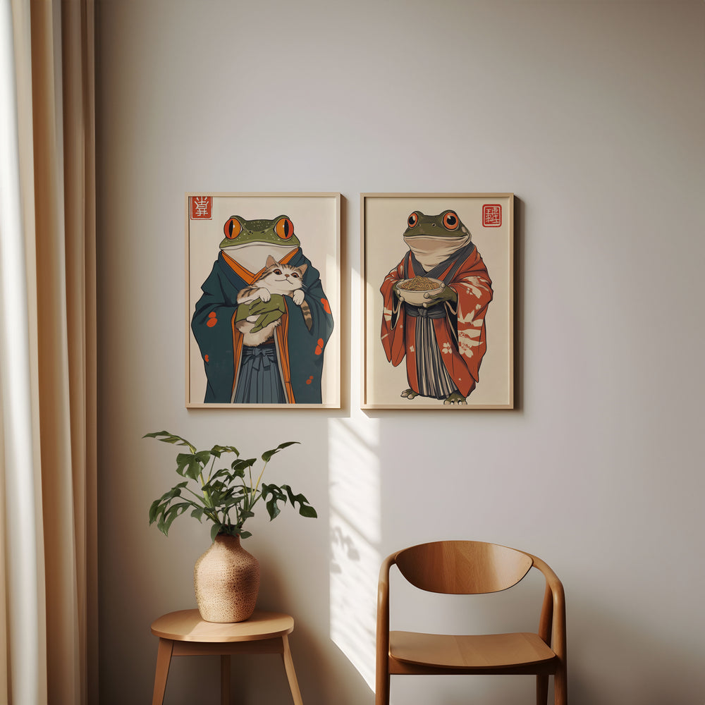 Japanese Samurai Frog Duo Pair,gallery wall,timber border