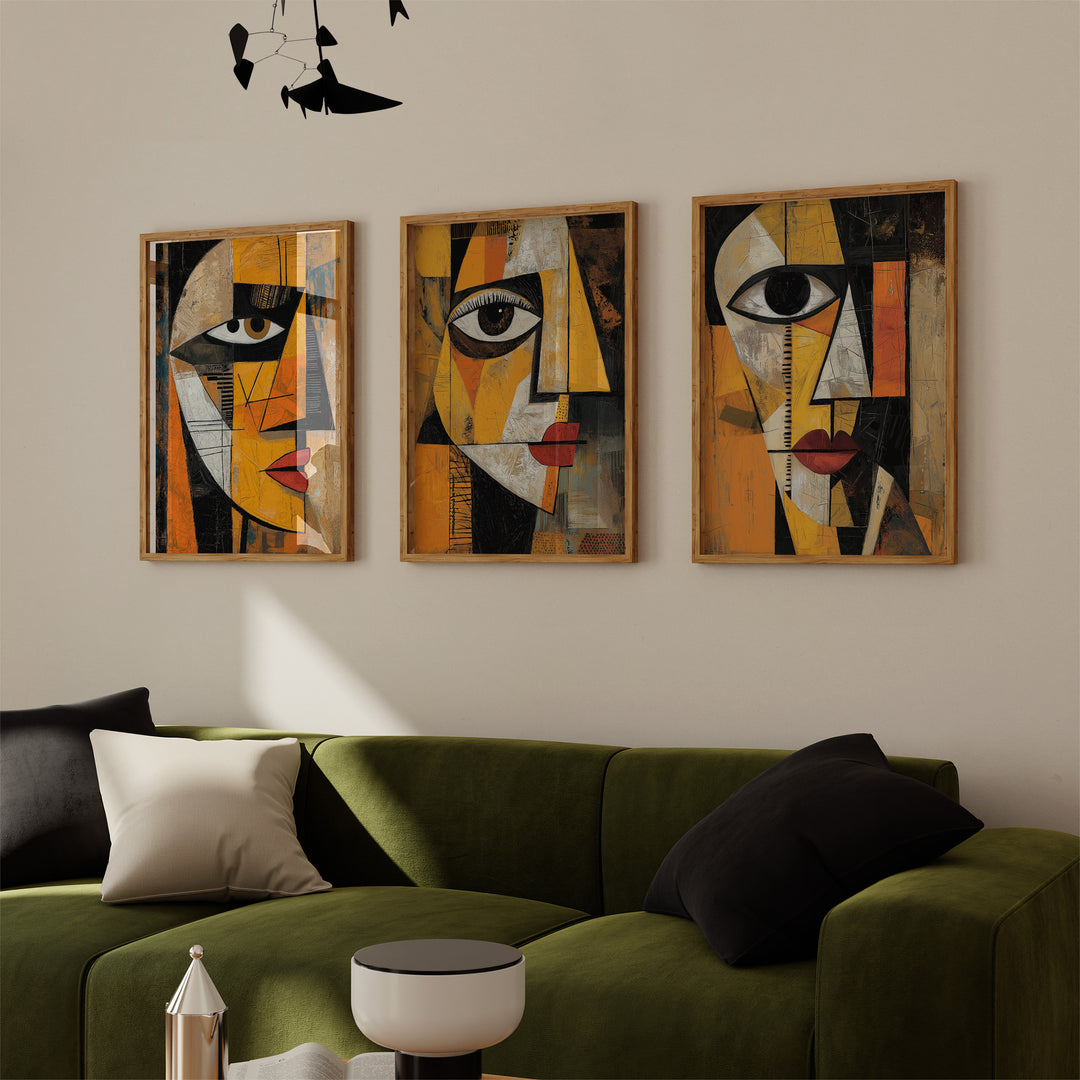 Fragments of Expression Cubism Trio Wall Art,livingroom,timber border