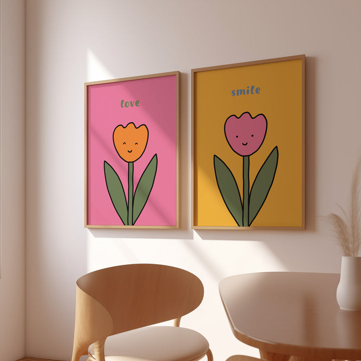 Set of 2 Cute Smiling Flower Quote Prints,living room,dining room,timber border